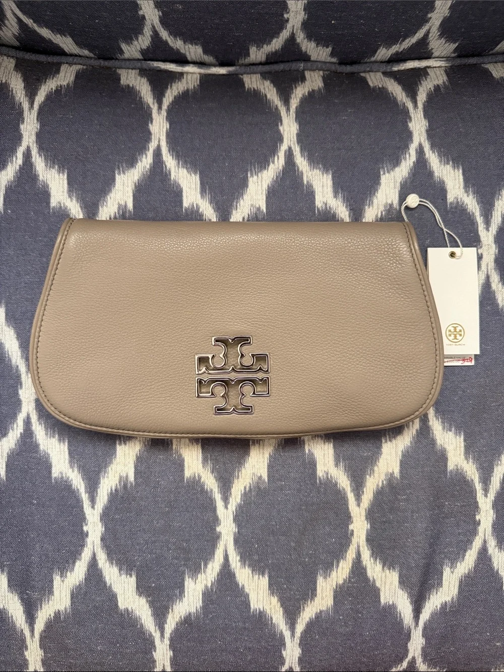 Tory Burch Taupe Pebbled Leather Logo Clutch